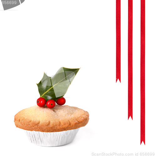 Image of Mince Pie with Holly and Red Ribbons