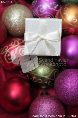 Image of Christmas Baubles and White Gifts