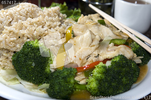 Image of vietnamese food spicy chicken white meat steamed broccoli