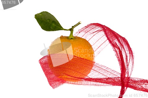 Image of christmas sweet in red bow. orange fruit