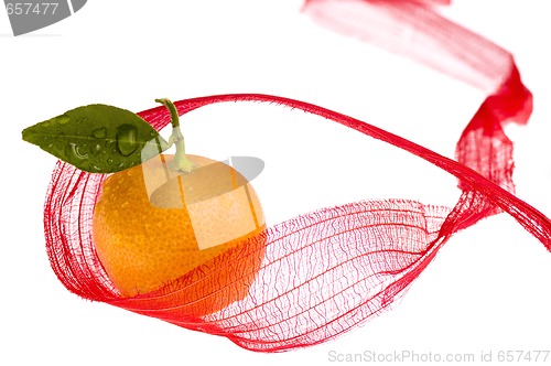 Image of christmas sweet in red bow. orange fruit