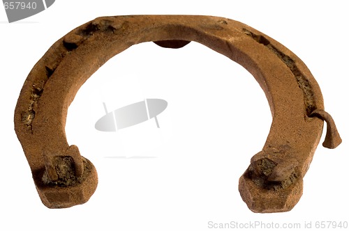 Image of rusty old horseshoe on white background