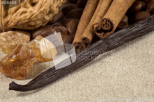 Image of vanilla, cinnamon sticks and other spices and ingredients. Chris