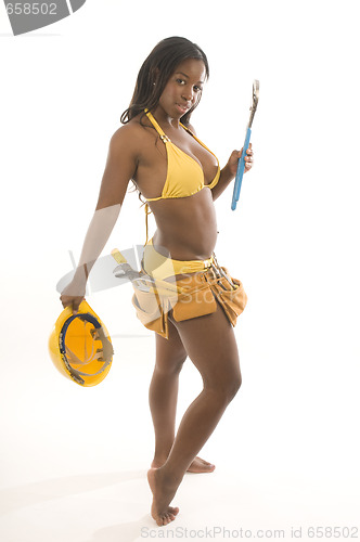 Image of young pretty hispanic african american woman contractor bikini a