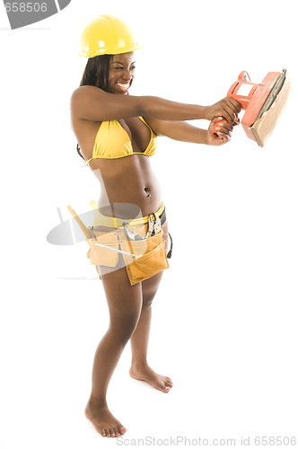 Image of young pretty hispanic african american woman contractor bikini a