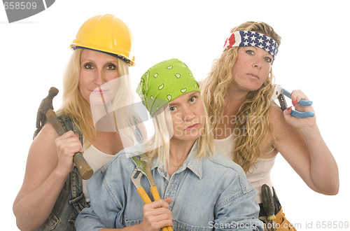 Image of sexy team contractor construction ladies with tools