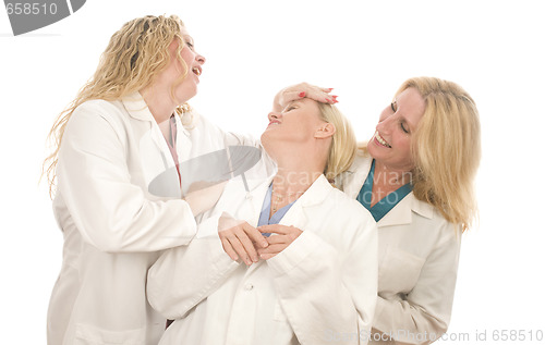 Image of three nurses medical females with happy expression