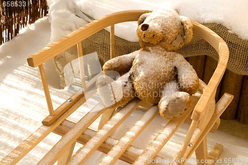 Image of Teddy Bear toy and slide with snow covering