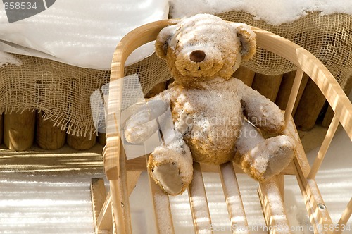 Image of Teddy Bear toy and slide with snow covering