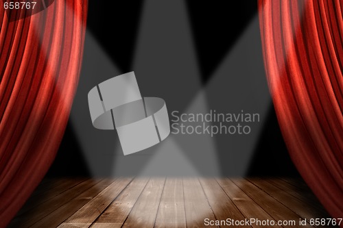 Image of Red Theater Stage Background With 3 Spotlights Centered