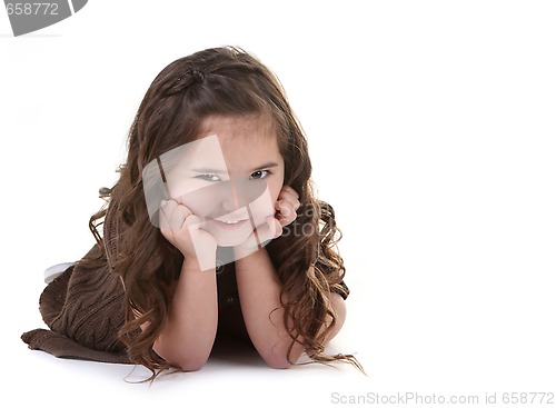 Image of Child With Mischievious Expression on White Background With Copy