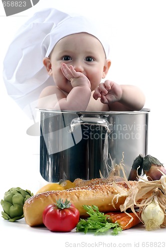 Image of Baby in a Chef Pot on White Background. Image is Soft