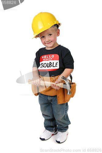 Image of Boy Holding Hammer Wearing Toolbelt and Hard Hat