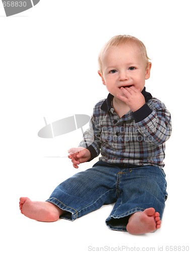 Image of Happy Baby Boy Toddler With Hand in His Mouth