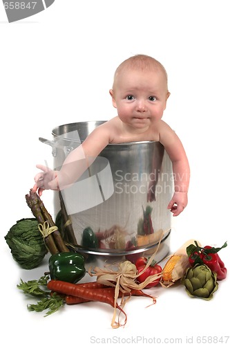 Image of Baby Boy Hanging Out of a Chef Pot