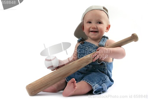 Image of Baby Boy Holding Baseball Bat and Ball