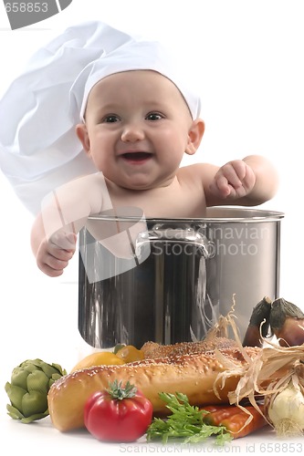 Image of Cute Baby in a Chef Pot Smiling