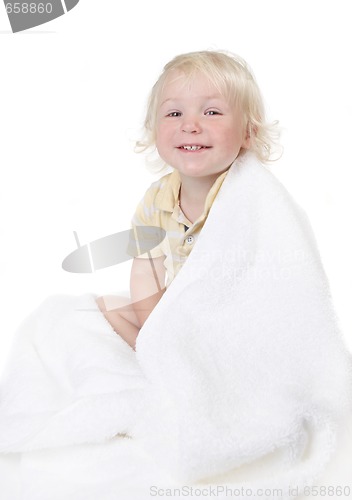 Image of Silly Baby Todller Boy Wrapped in a Bath Towel