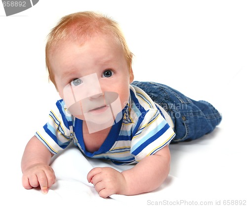 Image of Big Eyed Baby Boy on His Tummy Looking Up