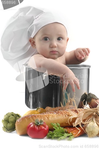 Image of Cute Chubby Baby Chef in a Cooking Pot