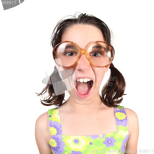 Image of Funny Girl Wearing Large Eyeglasses Shouting