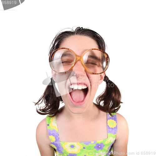 Image of Shouting Girl Wearing Eye Glasses With Eyes Closed