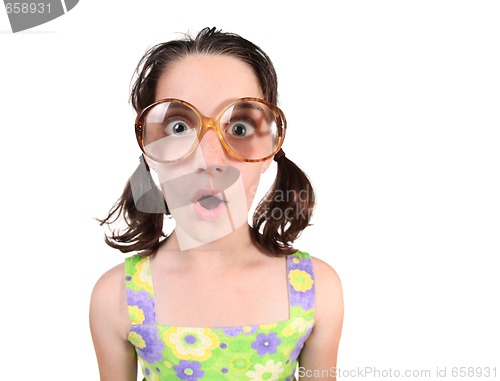 Image of Funny Nerdy Girl Wearing Eyeglasses on White Background