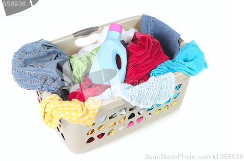 Image of Laundry Basket Full of Dirty Clothes and Softener