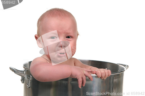 Image of Pouting Crying Baby Boy in a Chef Pot Prop