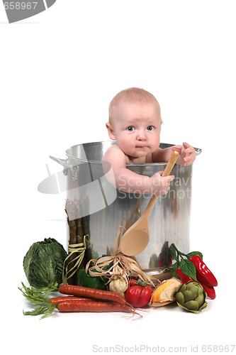 Image of Cute Baby Infant Boy in a Chef Pot Prop