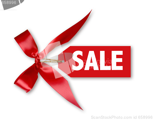 Image of Sales Tag With Big Red Ribbon Bow Tied