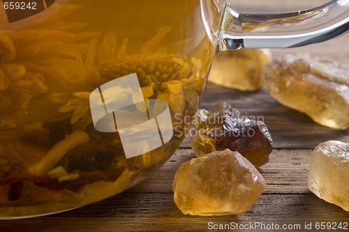 Image of tea. fruits and flowers.