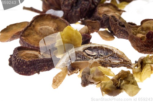 Image of tea. fruits and flowers.