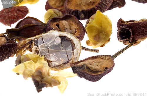 Image of tea. fruits and flowers.