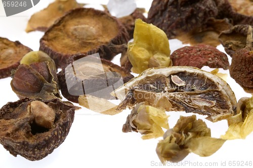 Image of tea. fruits and flowers.