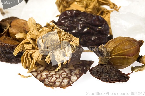 Image of tea. fruits and flowers.