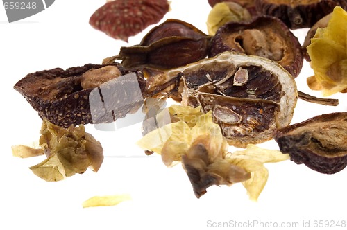 Image of tea. fruits and flowers.