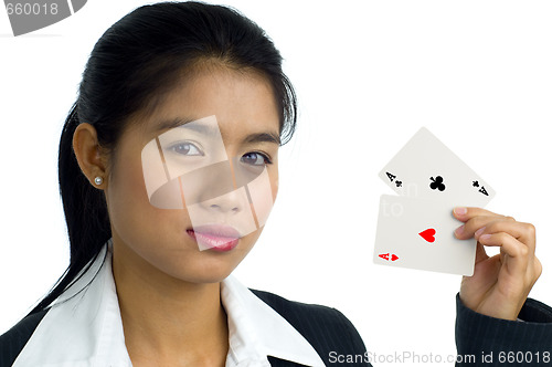 Image of beautiful woman with 2 aces