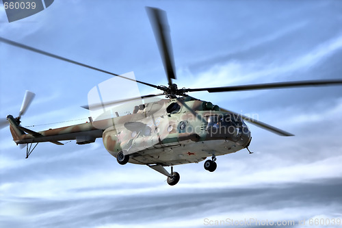 Image of Military helicopter in sky