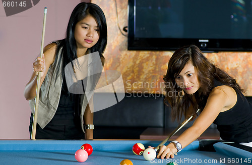 Image of girls playing eight ball pool