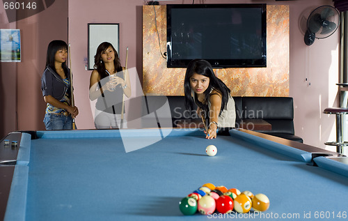 Image of girls playing eight ball pool