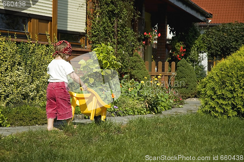 Image of little girl having fun in garden