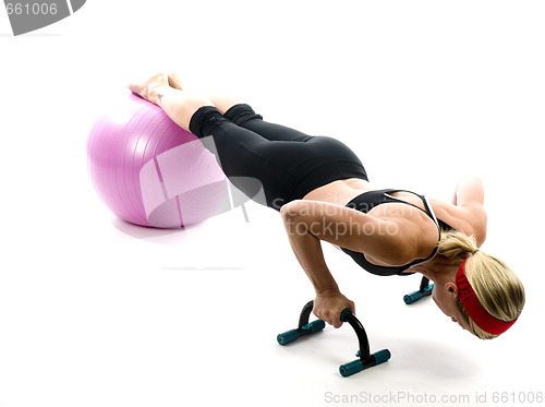 Image of   illustration pose middle age woman push up bars and fitness co