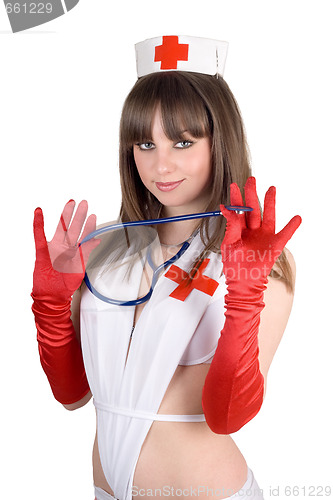 Image of Portrait of the sexy nurse with a stethoscope. Isolated