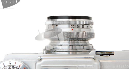 Image of Objective lens of vintage 35mm film rangefinder camera  closeup isolated