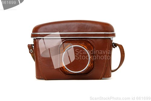 Image of Vintage photo camera in red leather case isolated