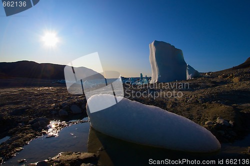 Image of Ice in a dried out lake - glacier in the background