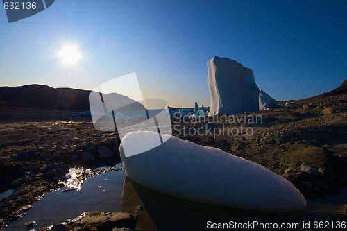 Image of Ice in a dried out lake - glacier in the background