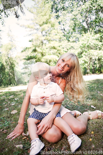 Image of Happy caucasian mother and son