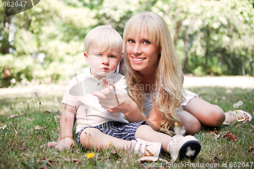 Image of Happy caucasian mother and son